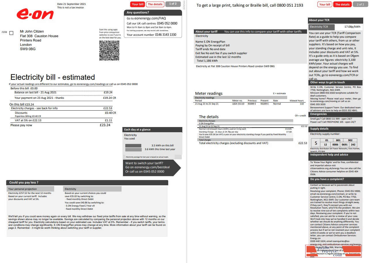 United Kingdom E.ON electricity utility bill template in Word and PDF format, 2 pages, version 1